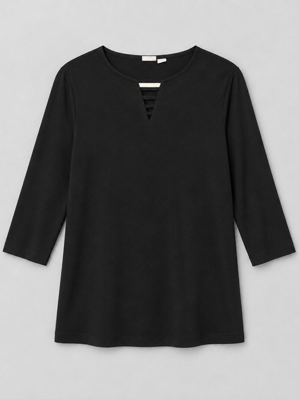 Chico's Black 3/4 Sleeve Notch-Neck Top with Ladder Detail